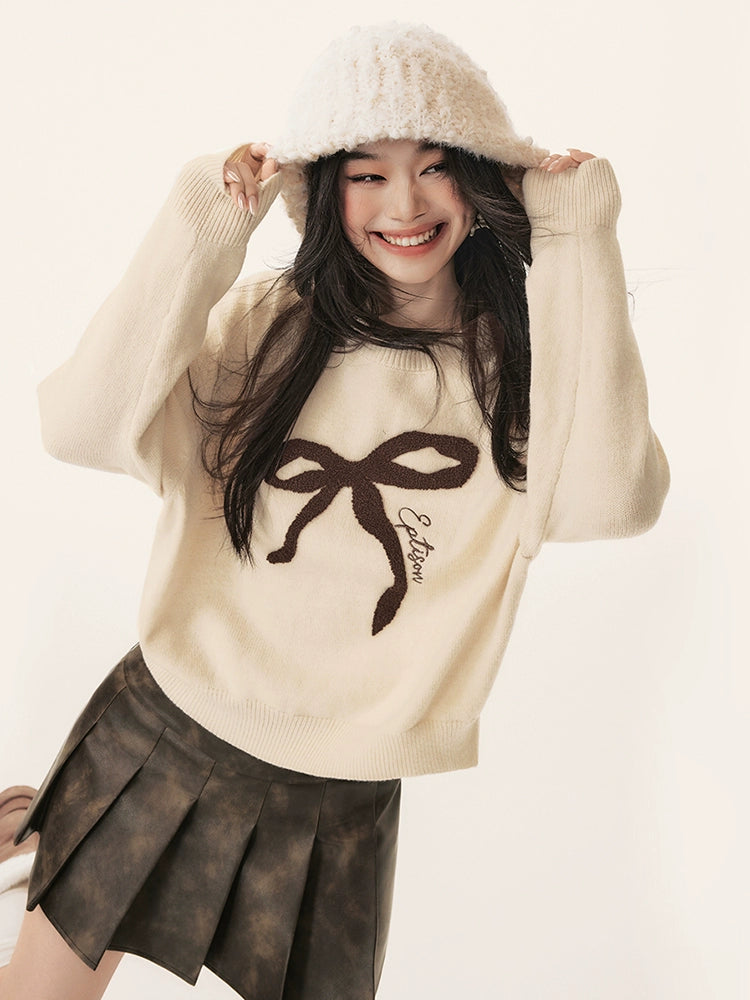 Girly Bow Jacquard Crew Neck Sweater