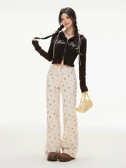 Bear Print Cotton Wide Leg Pants