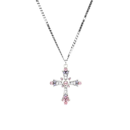 Pink-Purple Gemstone Cross Pendant Titanium Steel Necklace