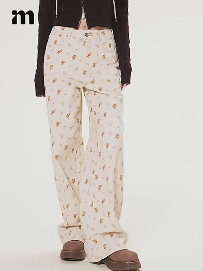 Bear Print Cotton Wide Leg Pants