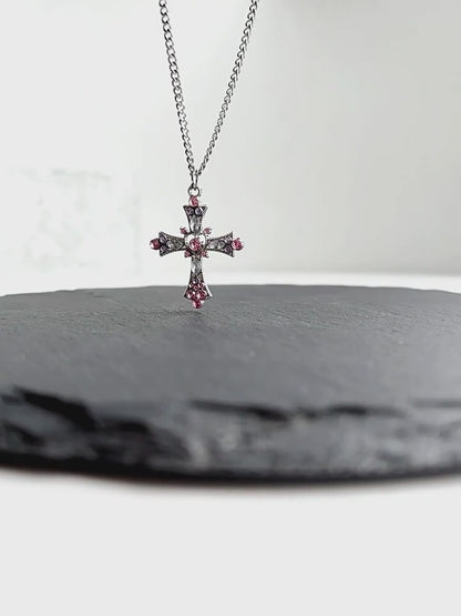 Pink-Purple Gemstone Cross Pendant Titanium Steel Necklace