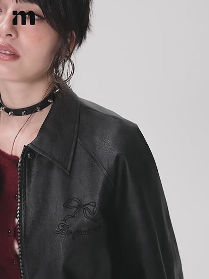 Embroidered Faux Leather Bomber Jacket