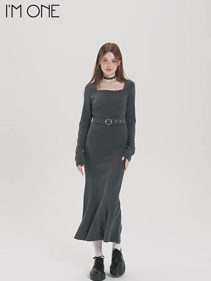 Belted Square Neck Long Sleeve Fishtail Dress