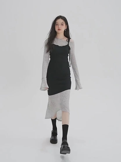 Black and Gray Slim-Fit Knitted Asymmetrical Dress with Shoulder Tie Detail